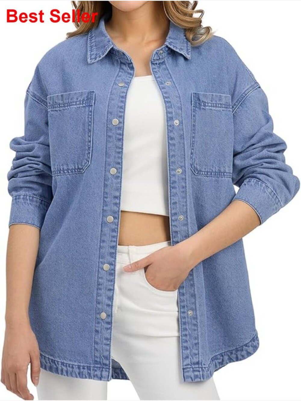 Oversized Denim Shacket with Snap Front and Pockets